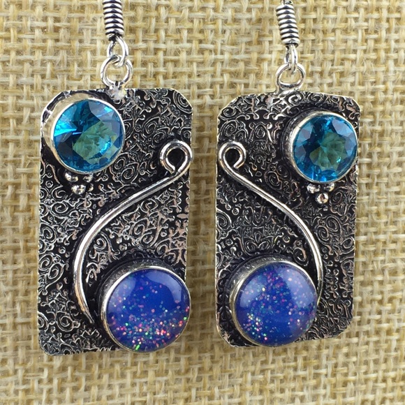 New Sim Milky Opalite & Blue Topaz Silver Hook Earrings - Picture 4 of 8